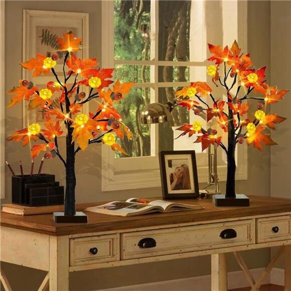 2 Pack 24" Prelit Fall Maple Tree, 48 LEDs, 3D Pumpkin‎ Lights, Battery Operated - Picture 6 of 7